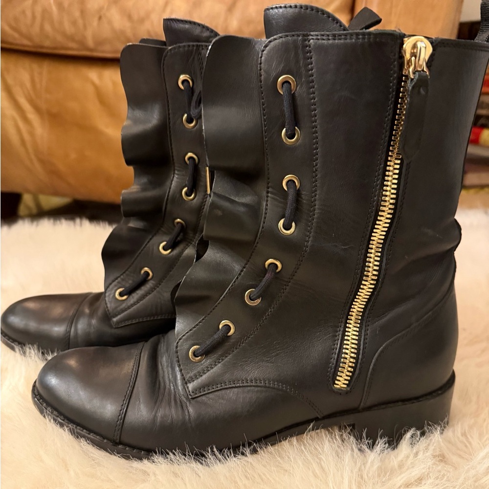 Valentino Black Ruffled Leather LaceUp Biker Combat Boots Gold Hardware US10/I40 - Picture 12 of 16